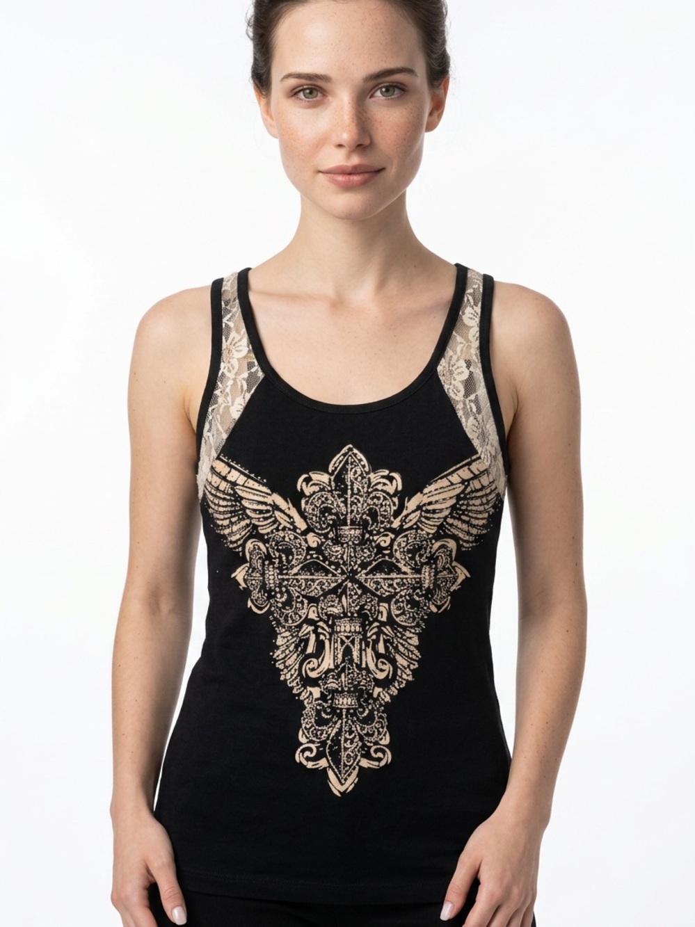 FROM LOS ANGELES • Rhinestone Fleur de Lis Cross Lace Trim Tank Top Small
